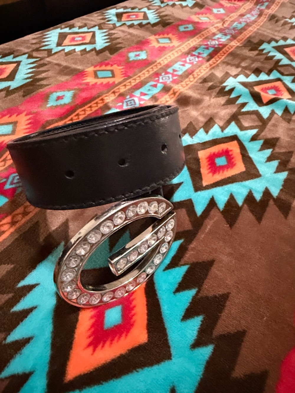 Women’s Black Leather Belt with Rhinestone Oval Buckle